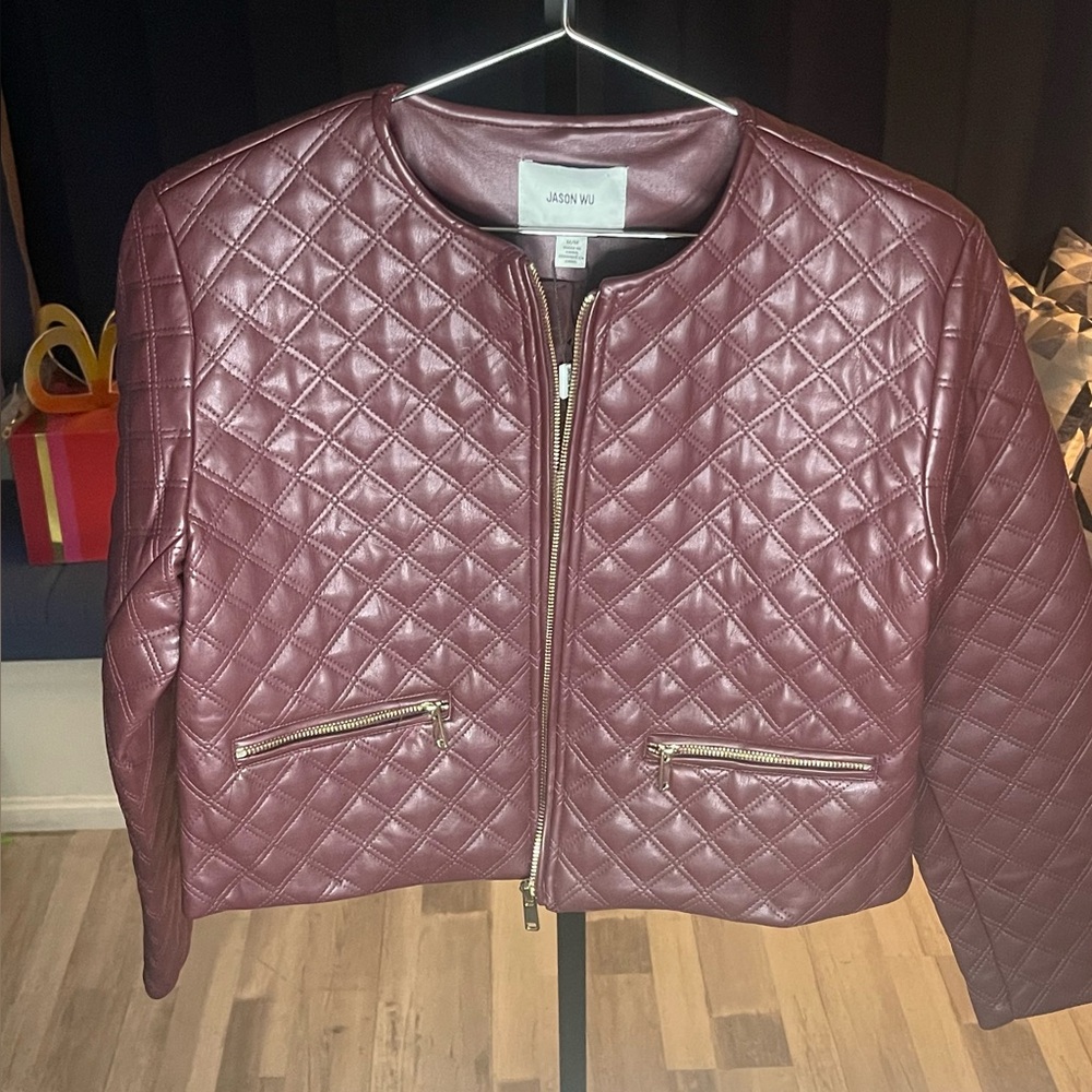 Jason Wu Diamond Quilted Faux Leather Wine Colored Jacket.